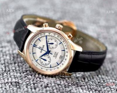 Fake OMEGA De Ville Black Leather Rose Gold Chronograph Watch